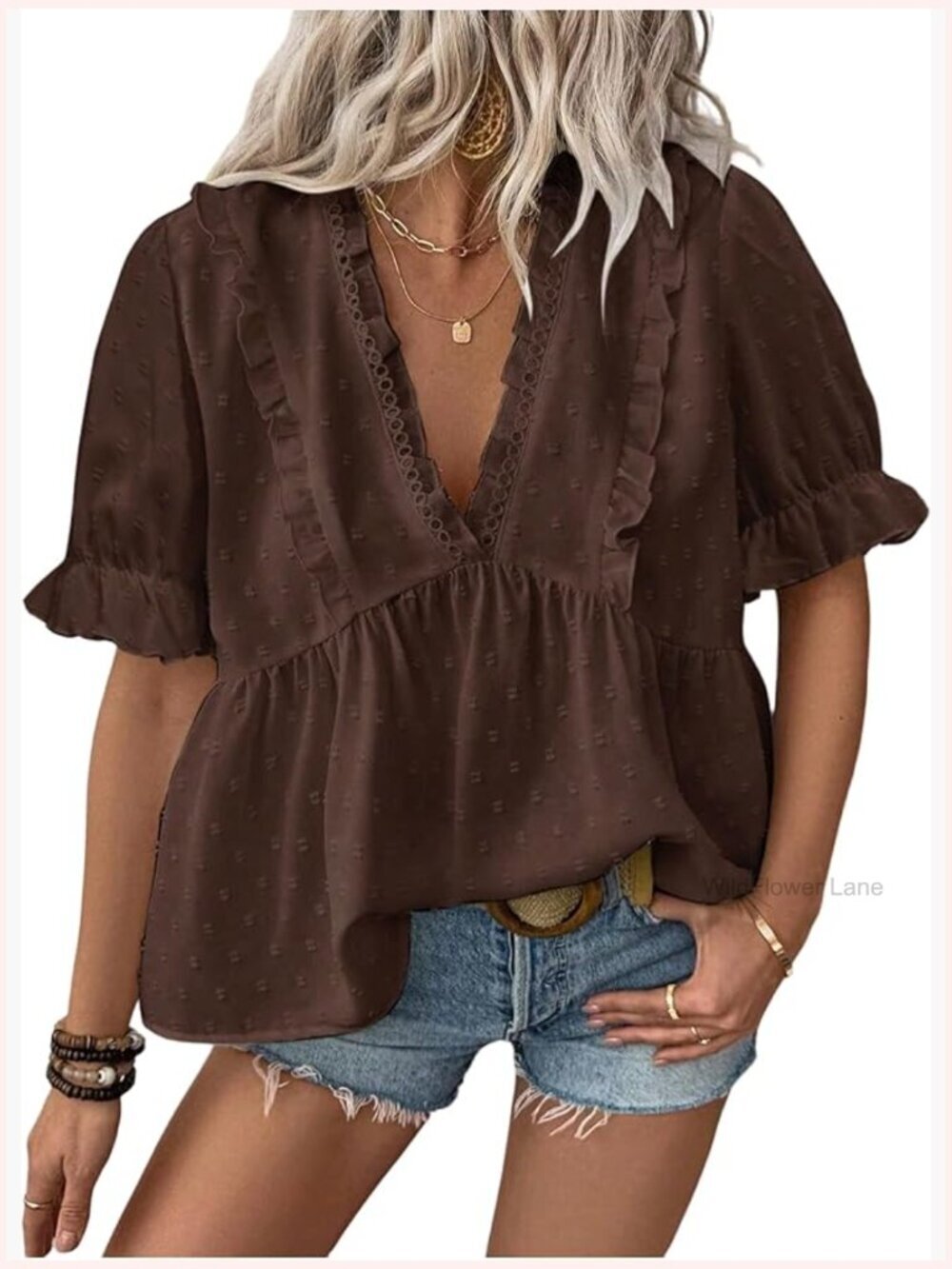 Plus Size Swiss Dot Peplum Blouse V-Neck Frilled Short Sleeve Top
